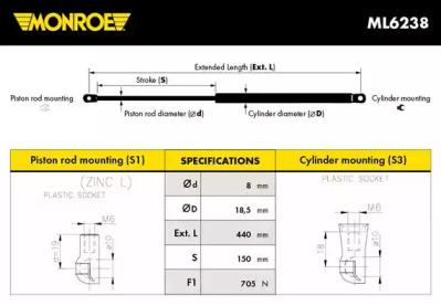 Monroe ML6238 Пружина газова Monroe ML6238 Пружина газова