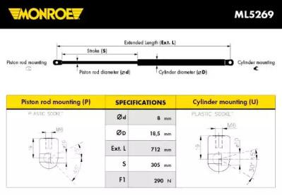 Monroe ML5269 Газовая пружина капота Monroe ML5269 Газовая пружина капота